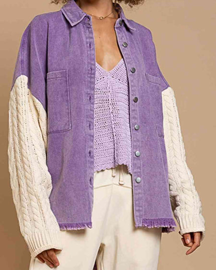 Cable-Knit Raw Hem Denim Jacket
