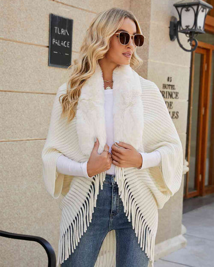 Fringe Detail Long Sleeve Ribbed Poncho
