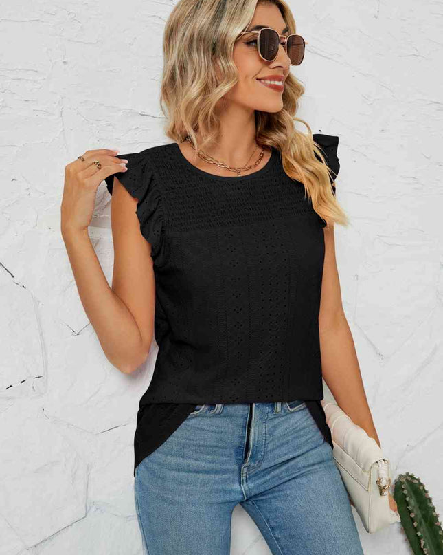 Smocked Round Neck Eyelet Top