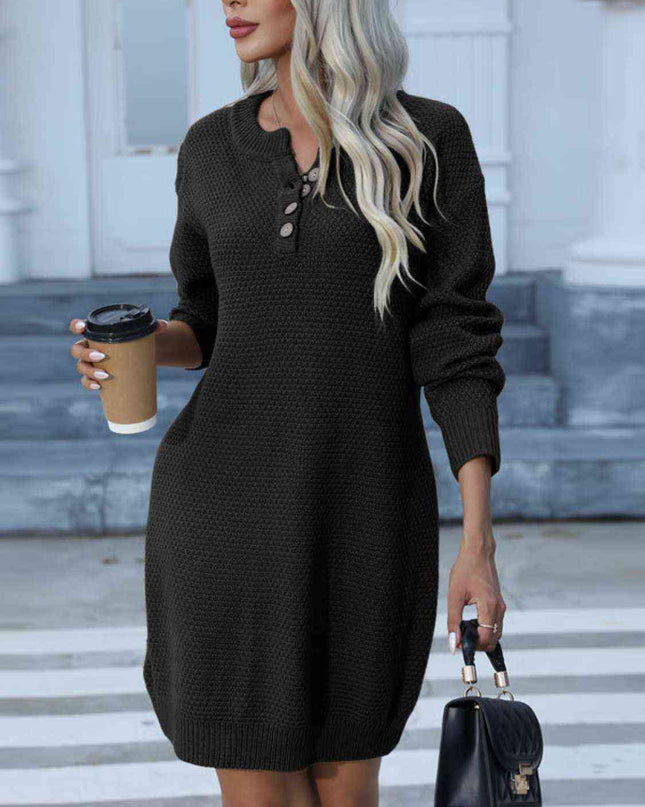 Buttoned Round Neck Long Sleeve Sweater Dress