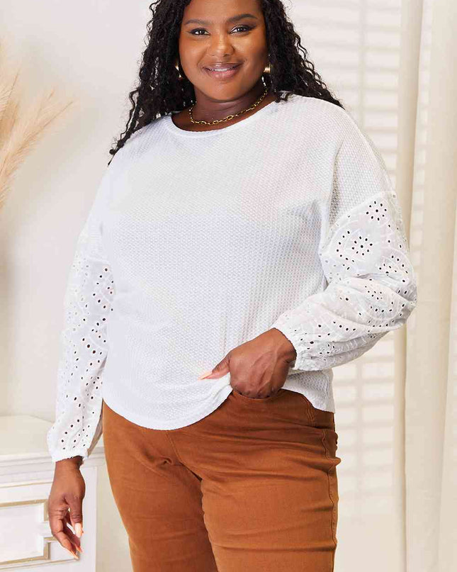 Double Take Eyelet Dropped Shoulder Round Neck Blouse