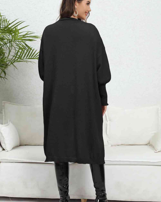 Lantern Sleeve Open Front Pocketed Cardigan