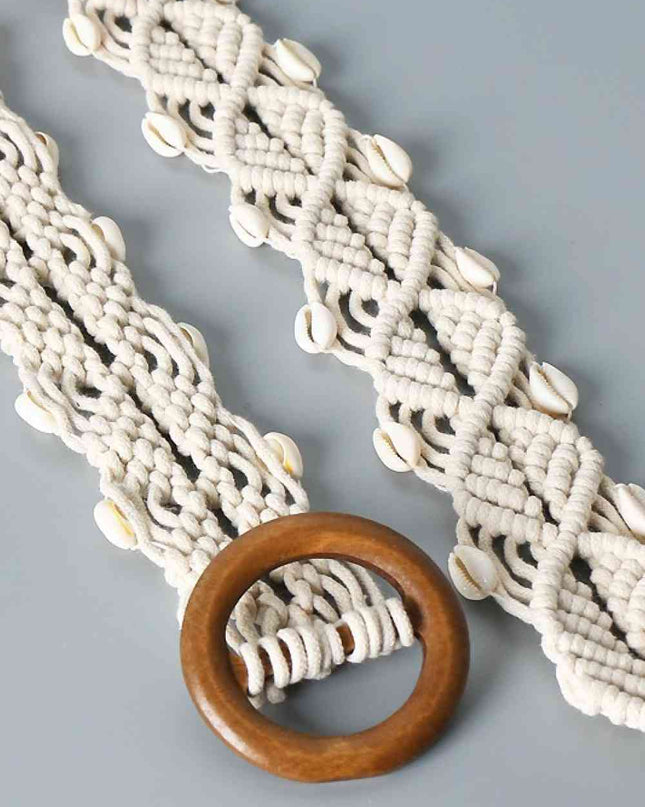 Shell Braid Belt with Wood Buckle