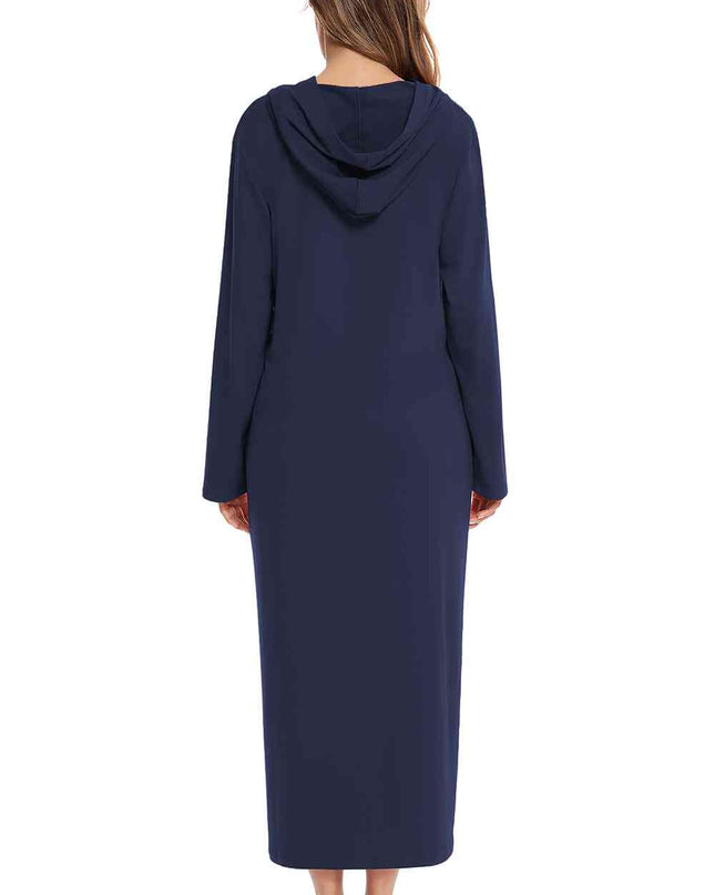 Zip Front Hooded Night Dress with Pockets