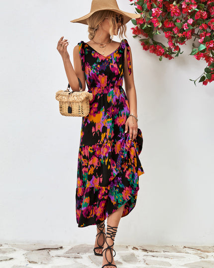 Multicolored V-Neck Backless Midi Dress