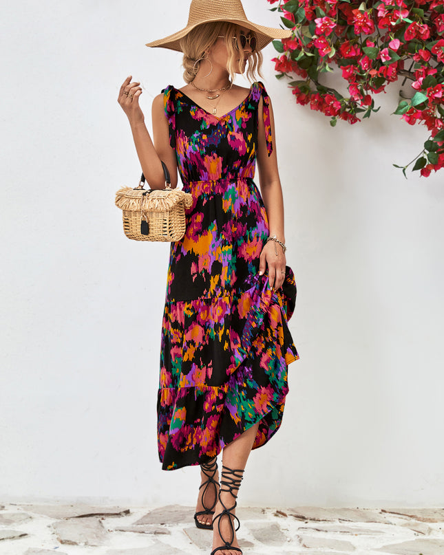 Multicolored V-Neck Backless Midi Dress