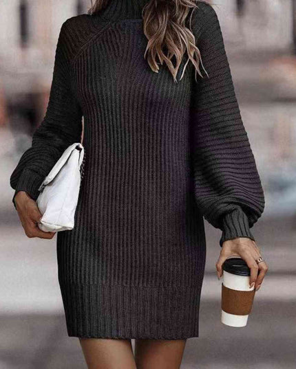 Mock Neck Lantern Sleeve Sweater Dress