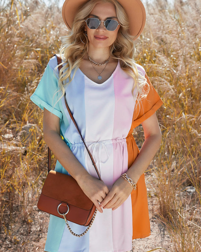 Multicolored Drawstring Waist V-Neck Dress