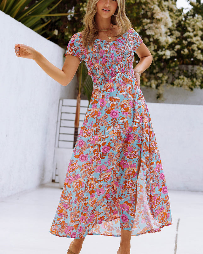 Floral Crisscross Smocked Off-Shoulder Dress