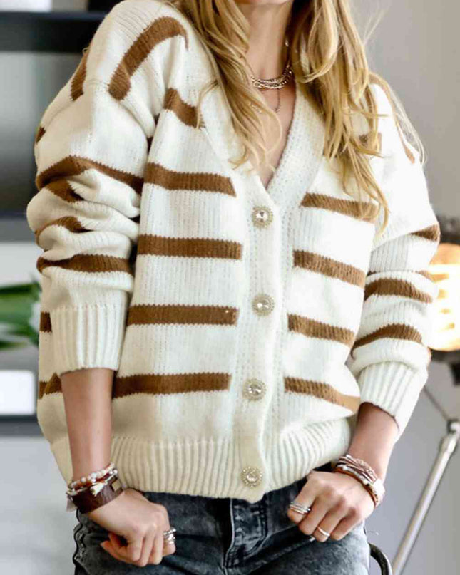 Striped V-Neck Button Down Cardigan