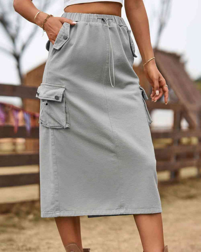 Drawstring Waist Slit Denim Skirt