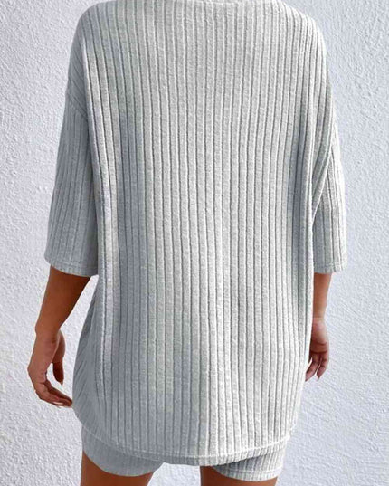 Round Neck Ribbed Top and Shorts Lounge Set