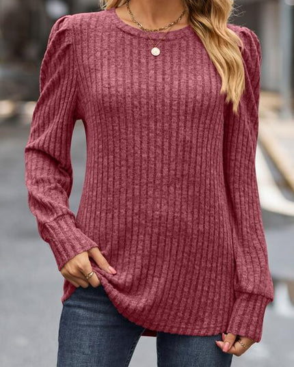 Ribbed Round Neck Long Sleeve Knit Top
