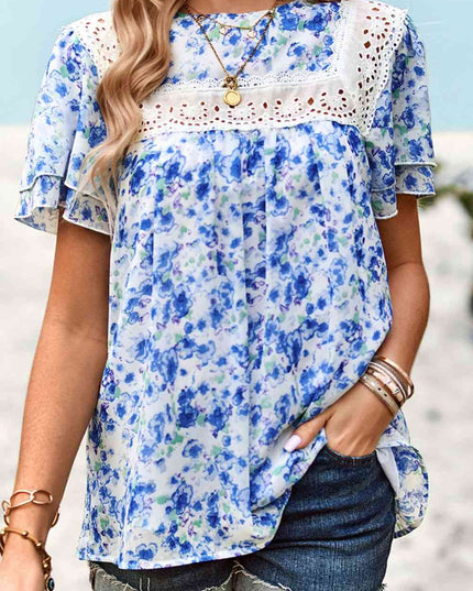 Floral Round Neck Spliced Lace Blouse