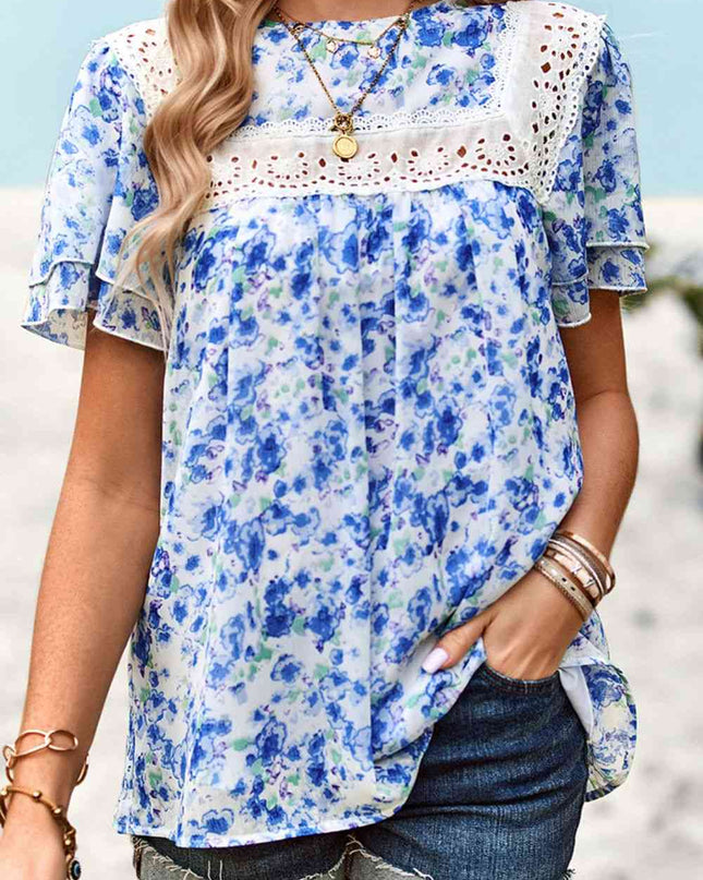 Floral Round Neck Spliced Lace Blouse