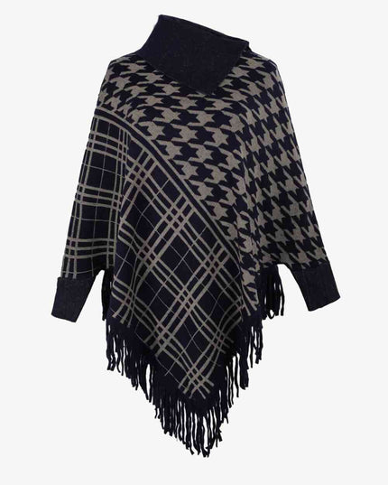 Houndstooth Turtleneck Fringe Hem Poncho