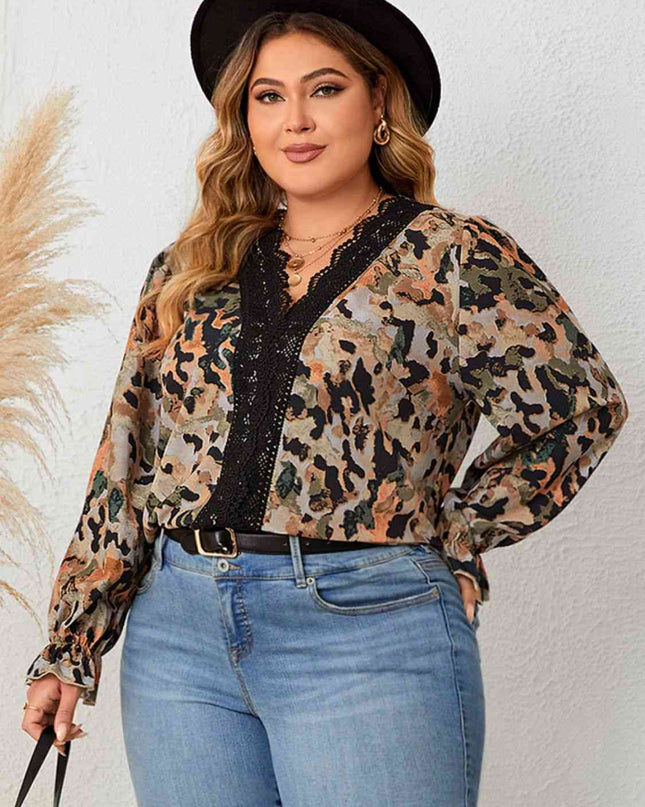 Plus Size Lace Trim Flounce Sleeve Blouse