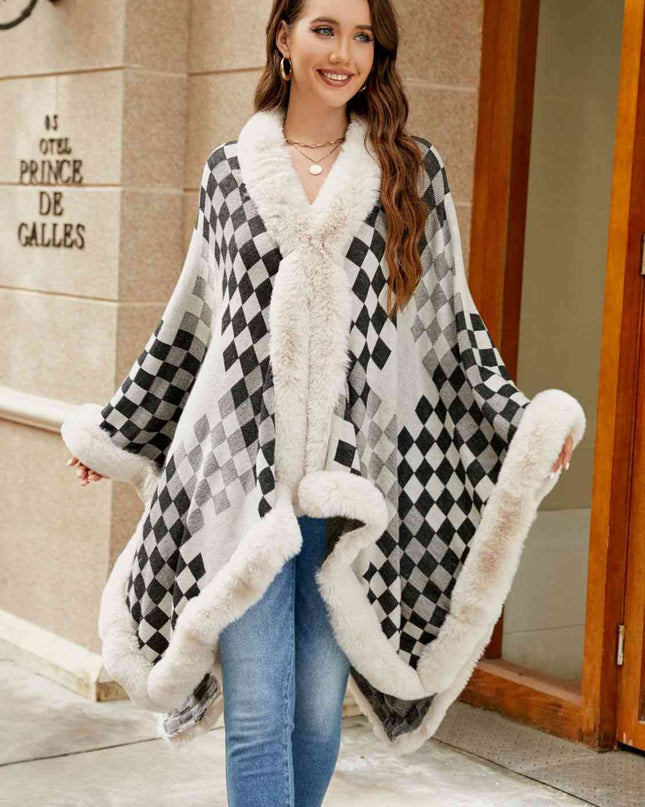 Checkered Faux Fur Trim Poncho