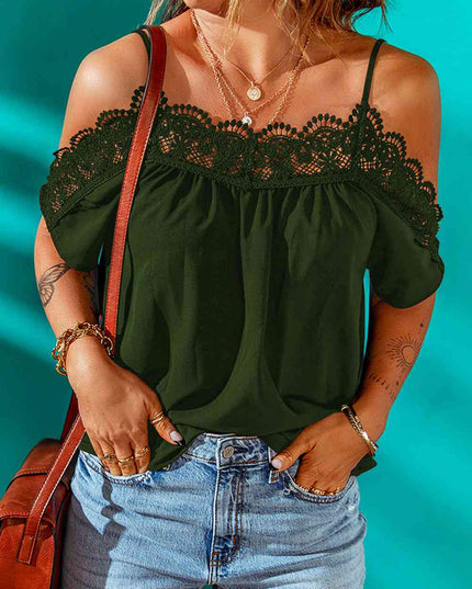 Spaghetti Strap Cold-Shoulder Lace Trim Blouse