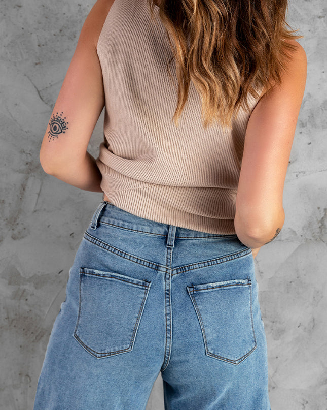 Button Front Ribbed Sleeveless Top