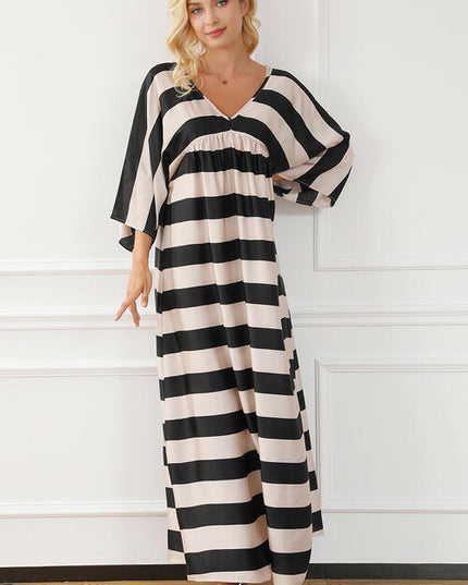Striped V-Neck Ruched Dress