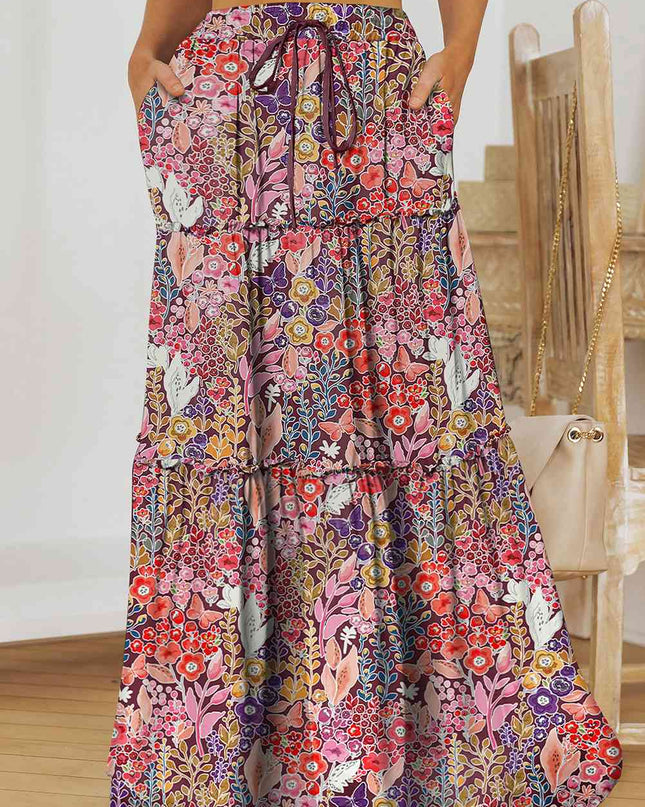 Floral Frill Trim Tiered Maxi Skirt
