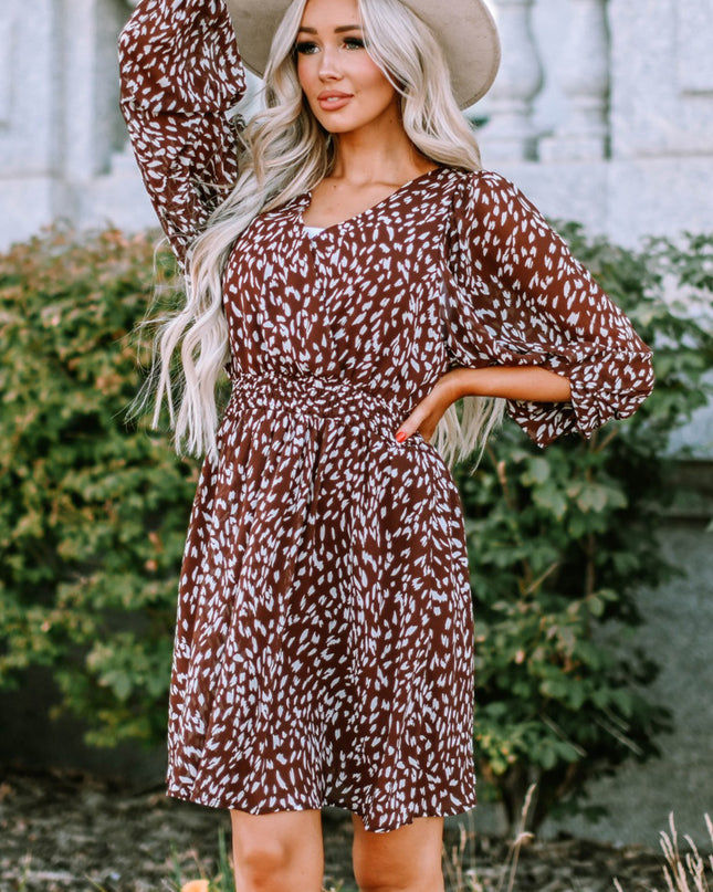 Printed Balloon Sleeve V-Neck Dress