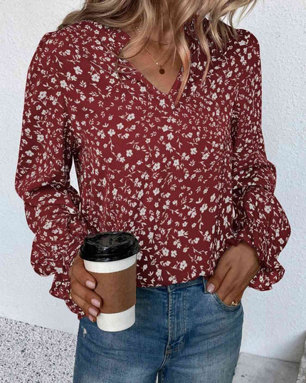 Notched Neck Flounce Sleeve Blouse