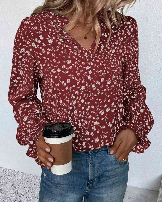 Notched Neck Flounce Sleeve Blouse