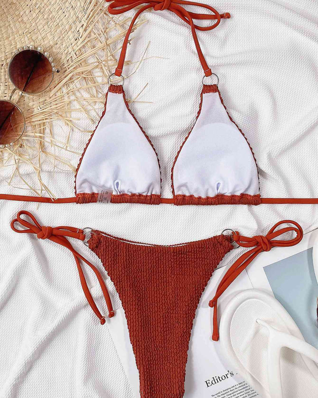 Textured Halter Neck Tie Side Bikini Set