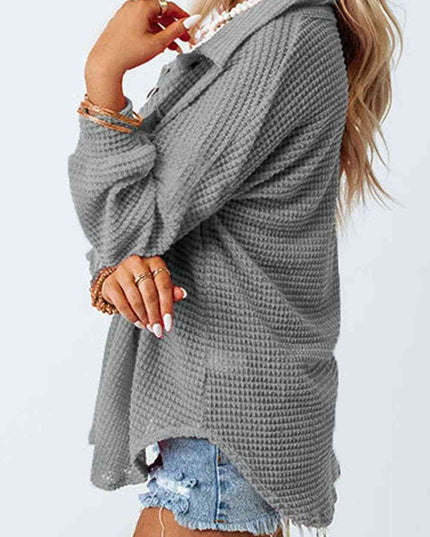 Waffle-Knit Button Up Long Sleeve Shirt with Pocket