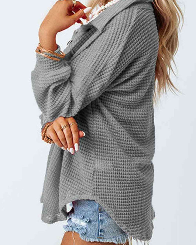 Waffle-Knit Button Up Long Sleeve Shirt with Pocket