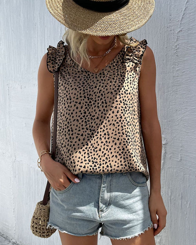 Leopard Frill Trim V-Neck Tank