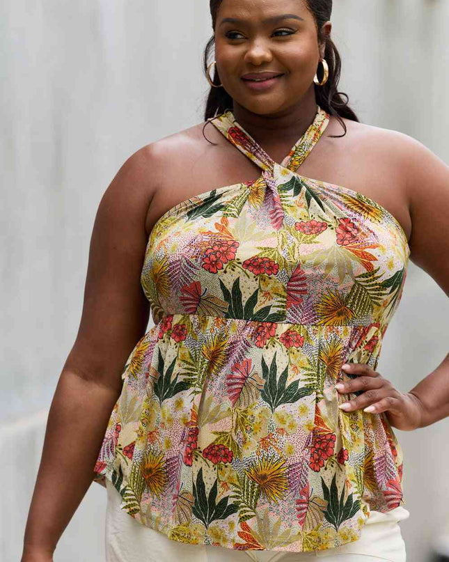 Be Stage Full Size Floral Halter Top in Green