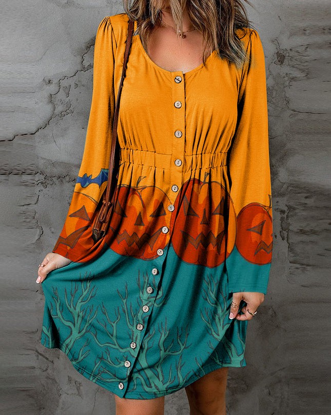 Full Size Halloween Theme Round Neck Puff Sleeve Magic Dress