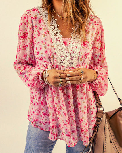 Floral Lace Trim Balloon Sleeve Blouse