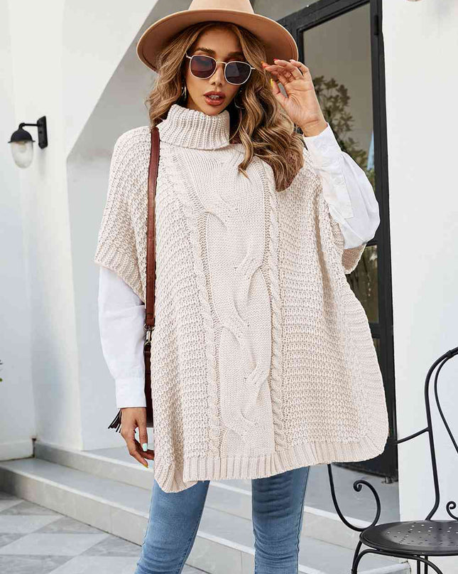 Cable-Knit Turtleneck Slit Sweater