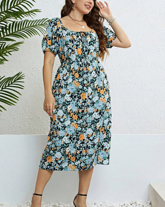Plus Size Floral Short Sleeve Slit Dress