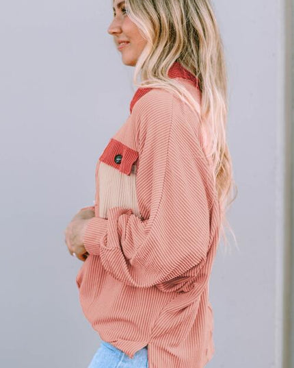 Ribbed Half Button Collared Neck Top