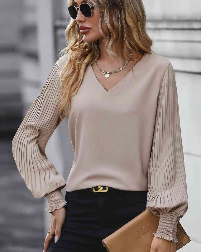 Pleated Lantern Sleeve V-Neck Blouse