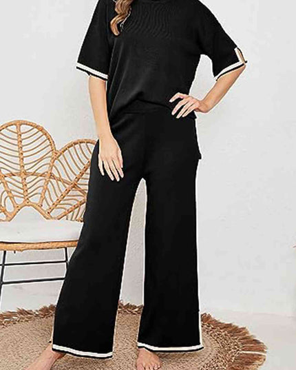 Contrast High-Low Sweater and Knit Pants Set