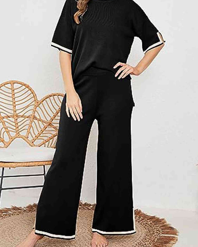Contrast High-Low Sweater and Knit Pants Set