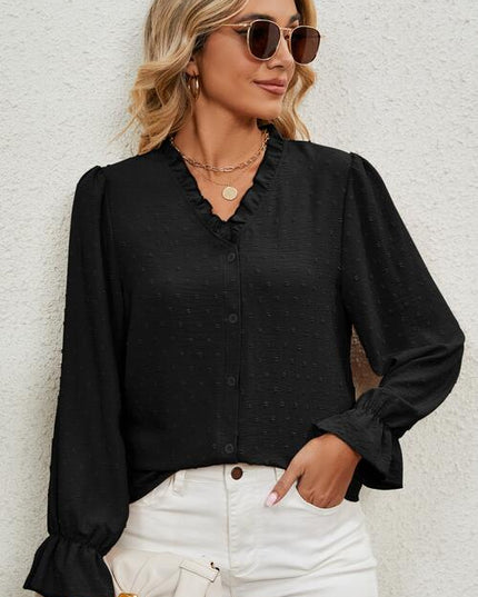 Button Up Flounce Sleeve V-Neck Shirt