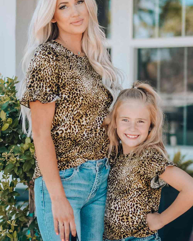 Women Leopard Short Flounce Sleeve Tee