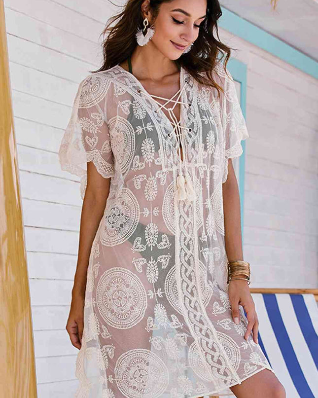 Lace-Up Sheer Cover Up