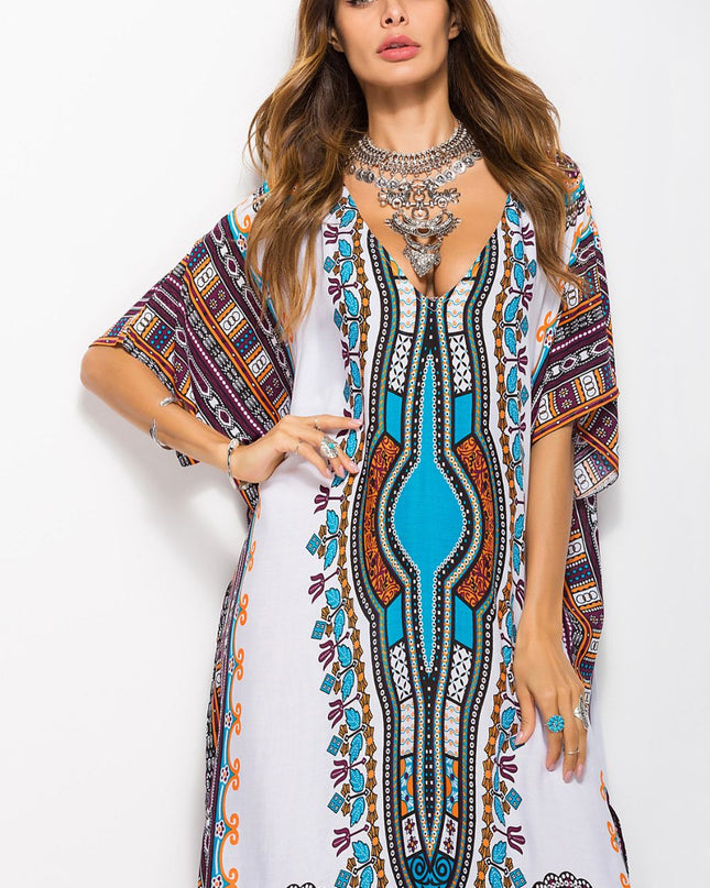 Printed V-Neck Side Slit Maxi Dress
