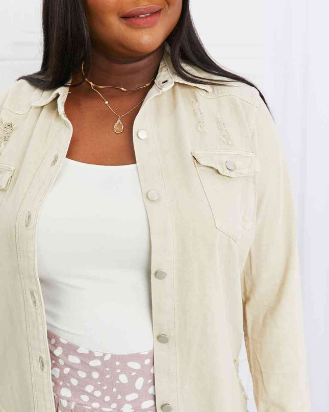 American Bazi Full Size Distressed Button Down Denim Jacket in Sand