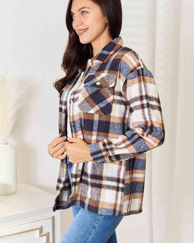 Double Take Plaid Button Front Shirt Jacket with Breast Pockets