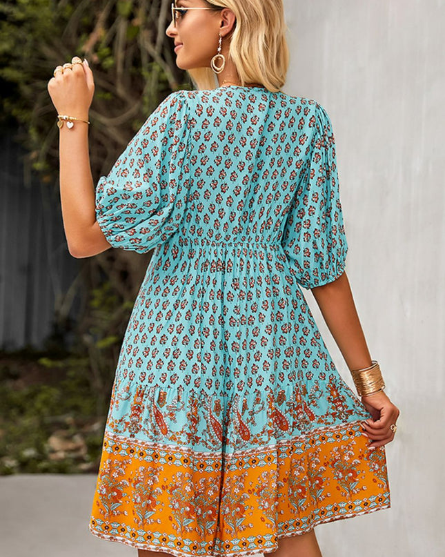Bohemian Tie Neck Balloon Sleeve Dress