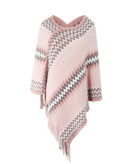 Fringe Hem Striped Cape Sleeve Poncho